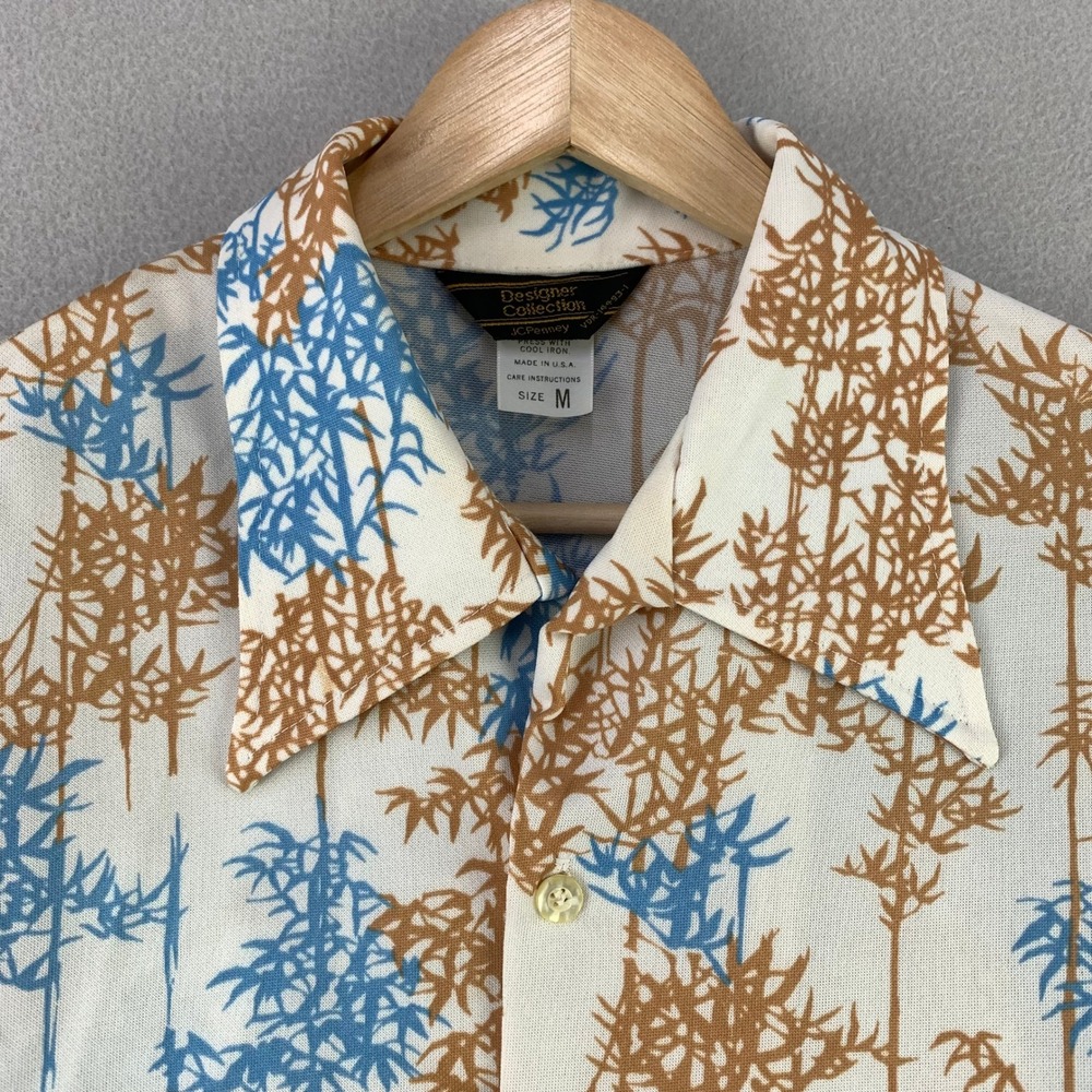 Vintage JCPenney Disco Shirt Mens M Bamboo Print Long Sleeve Retro USA 50s 60s